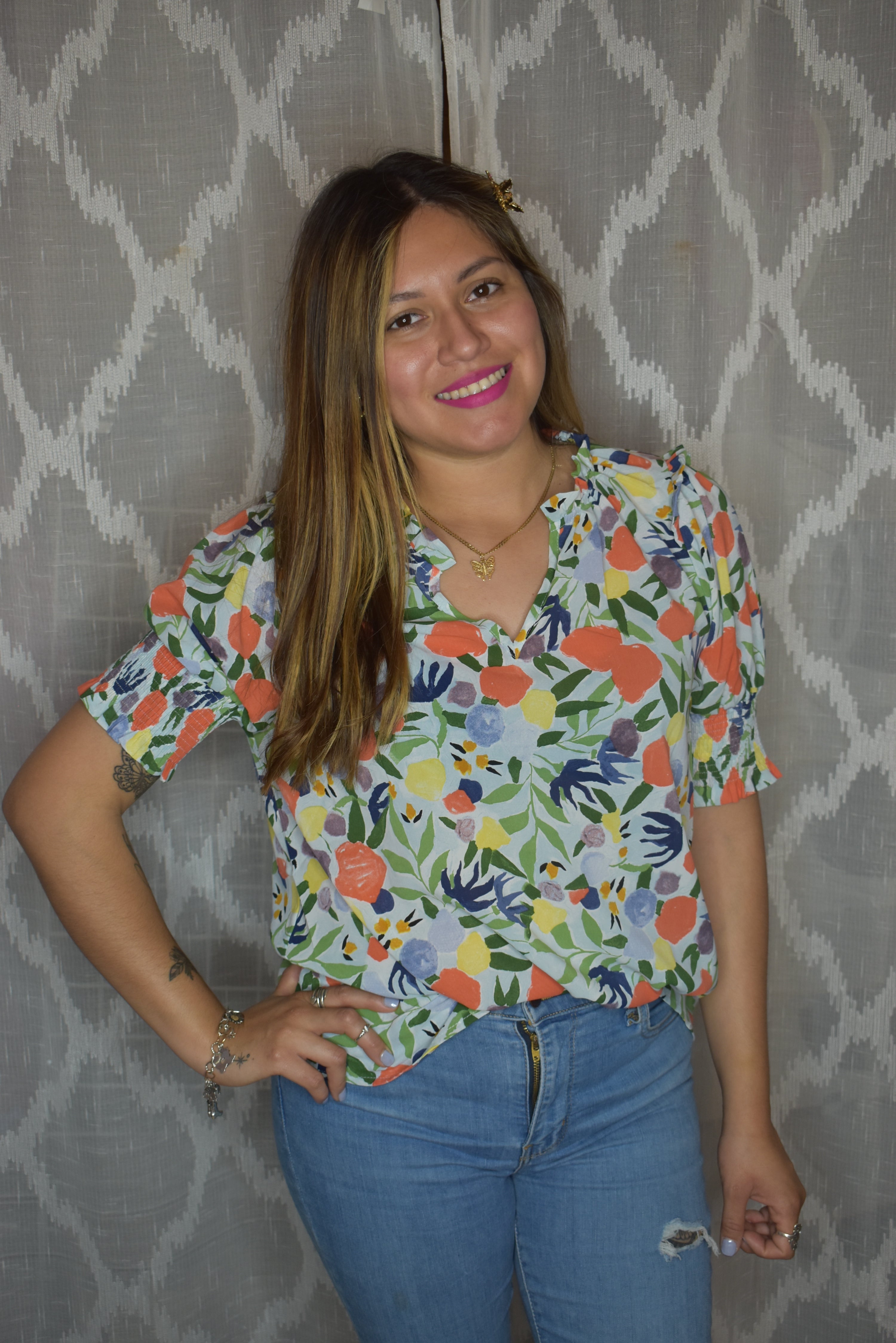 Feather Toss Print Blouse