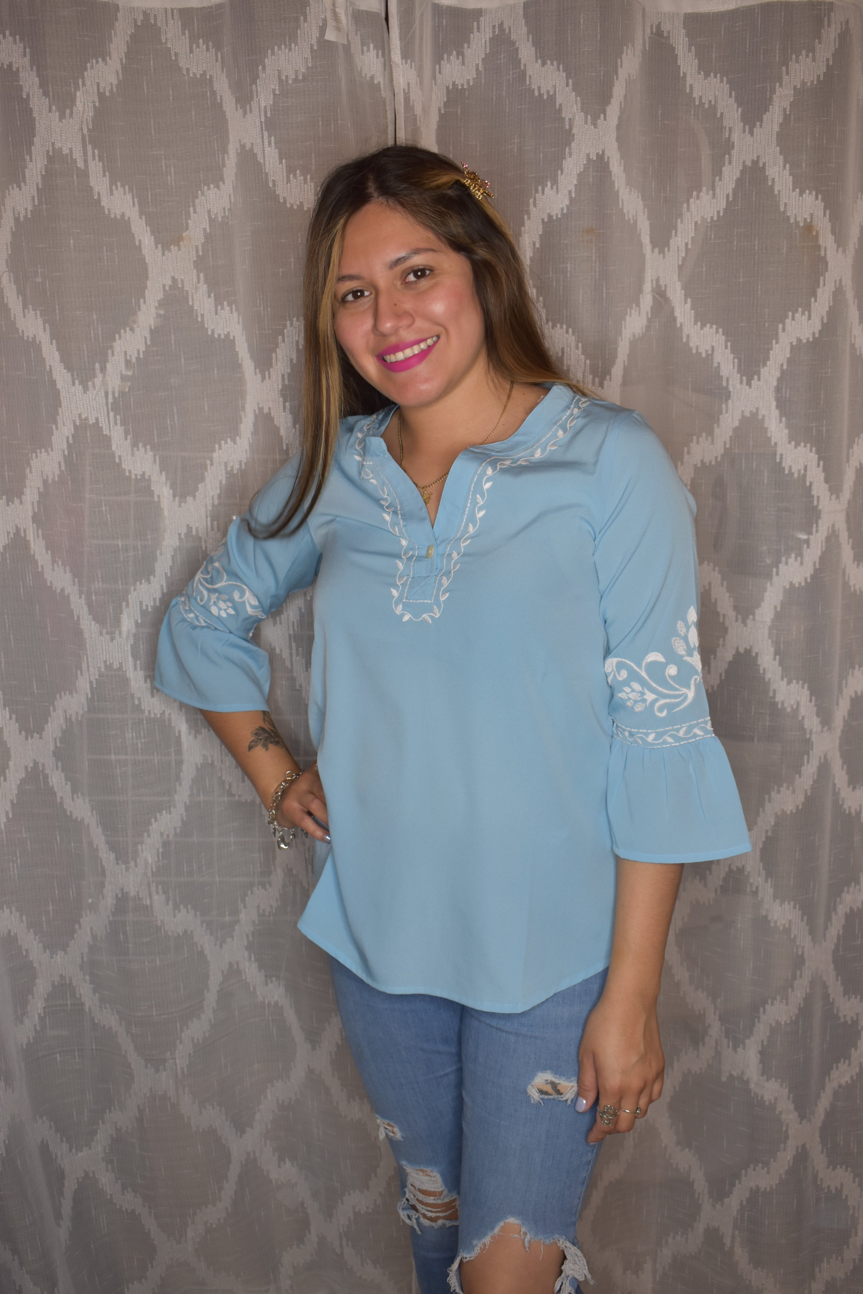 Baby blue embroidey shirt