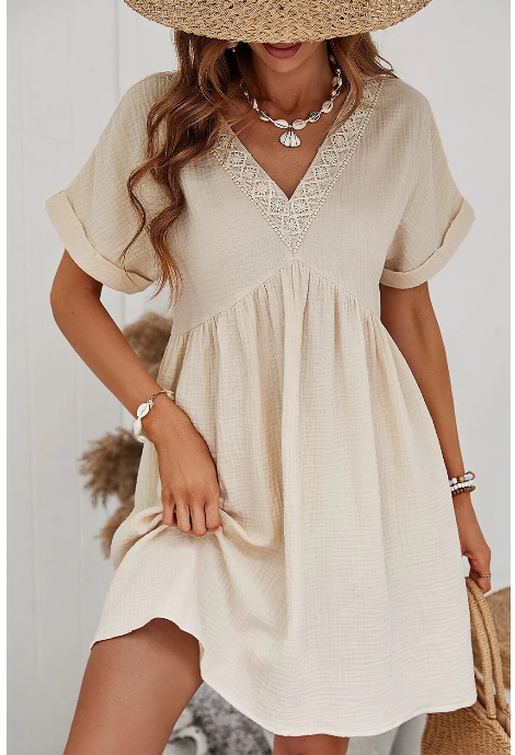 Beige Lace Splicing V Neck Rolled Up Sleeve Empire Waist Mini Dress