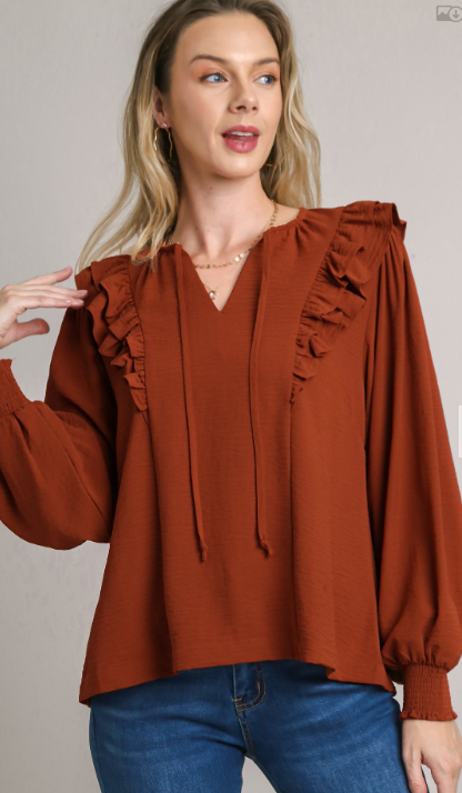 Rust ruffle long sleeve shirt