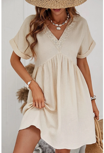 Beige Lace Splicing V Neck Rolled Up Sleeve Empire Waist Mini Dress