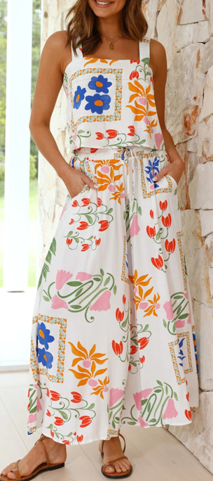 White Square Neck Tank & Wide Leg Pants Boho Floral Set