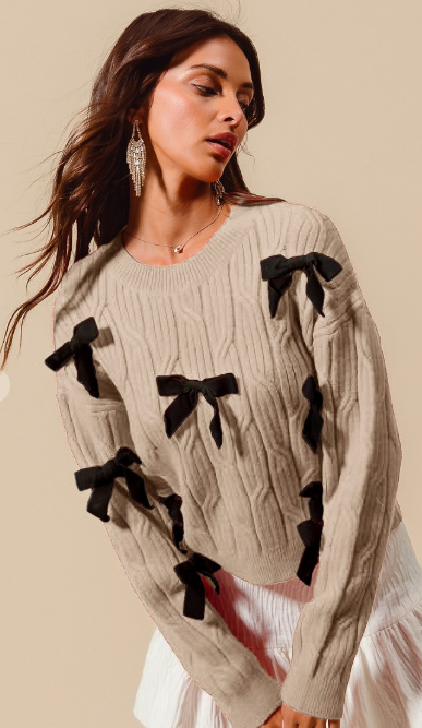 BOW RIBBON APPLIQUE EMBELLISHED SWEATER TOP