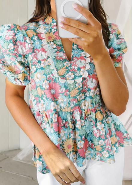 Multicolour Floral Print Short Puff Sleeve V Neck Boho Peplum Blouse