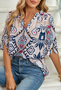 White Abstract Print V-Neck Half Tulip Sleeve Blouse