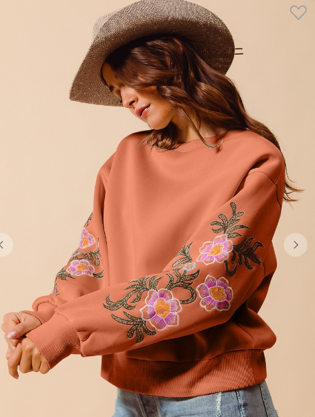 FLORAL EMBROIDERED SLEEVES FLEECE SWEATER TOP