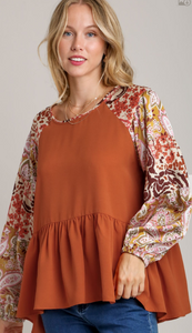 Rust flower/ leaves blouse