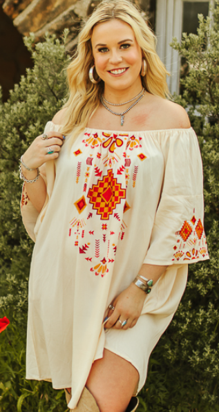 Ivory Aztec Embroidered Detail Off Shoulder Dress