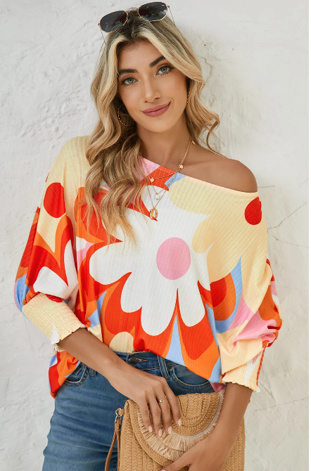 Yellow Colorful Floral Print Ribbed Dolman Blouse