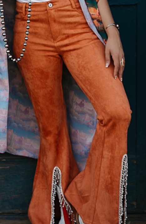 Rust Suede Flare Jeans W Rhinestone Hem Slit