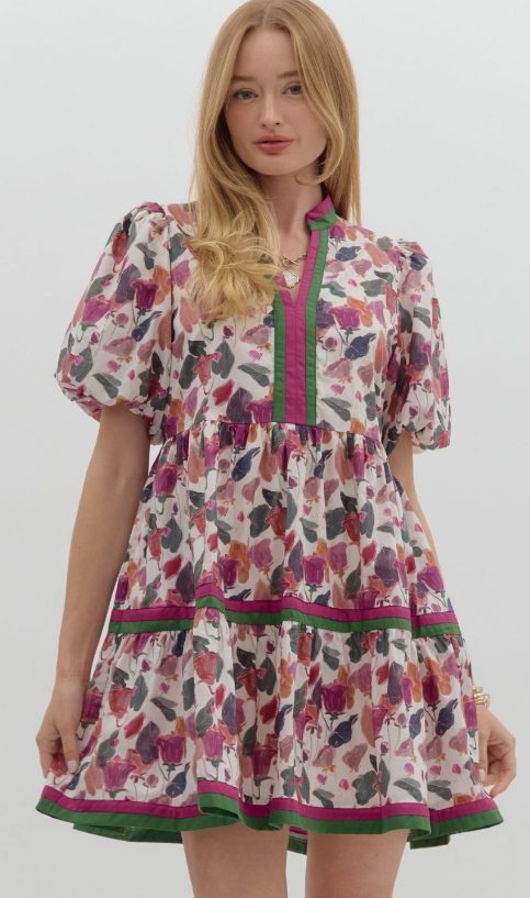 Fall Multicolor floral print short bubble sleeve
