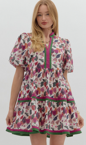 Fall Multicolor floral print short bubble sleeve
