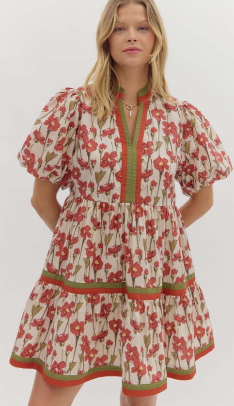 Rust Floral print short bubble sleeve