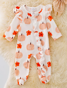 Sweet pumpkin printed on white onesie w/ruffle trim.