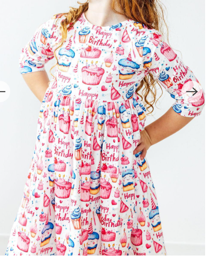 Birthday Girl 3/4 Sleeve Pocket Twirl Dress