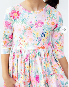 Field of Flowers 3/4 Sleeve Pocket Twirl Dress