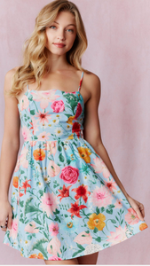 Floral Printed Cotton Linen Sleeveless Mini Dress