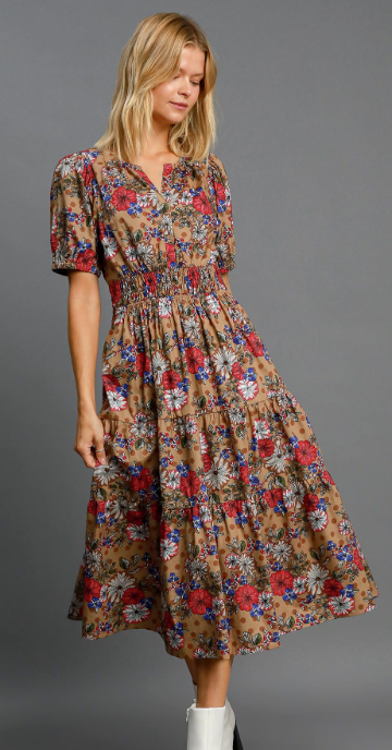 Floral Print Tiered Midi Dress
