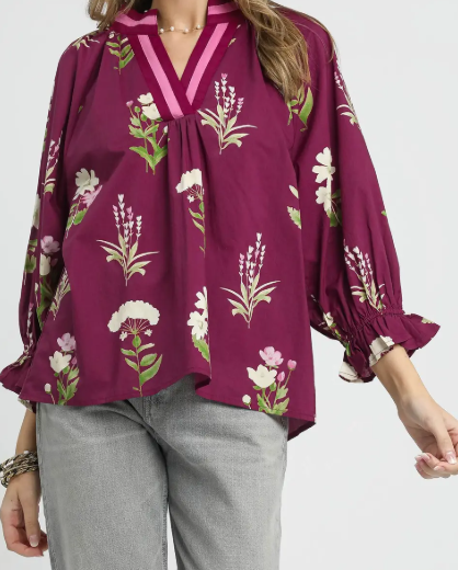 Floral Contrast Trim Blouse