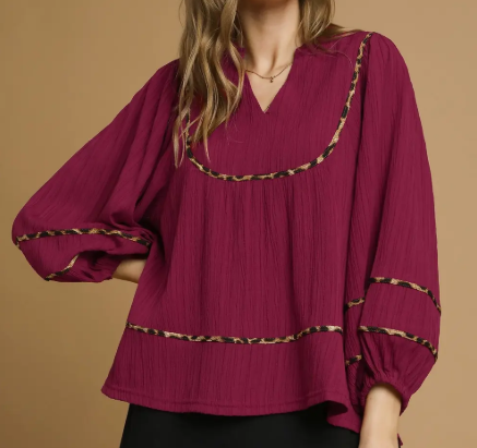 Texture Fabric Blouse with Animal Print