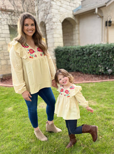 Mini - Oatmeal embroidery long sleeve blouse.