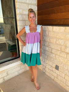 Plus size- Colorblock sleeveless tiered mini dress with wide ruffle straps.
